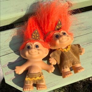 Russ Orange-Haired Twin Troll Dolls with Green Outfit Accents